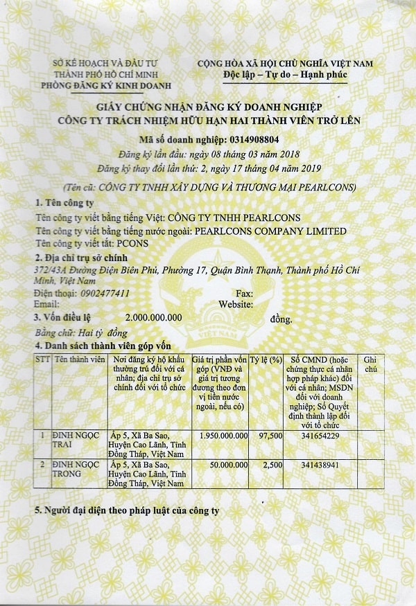 giấy phép kinh doanh pearlcons